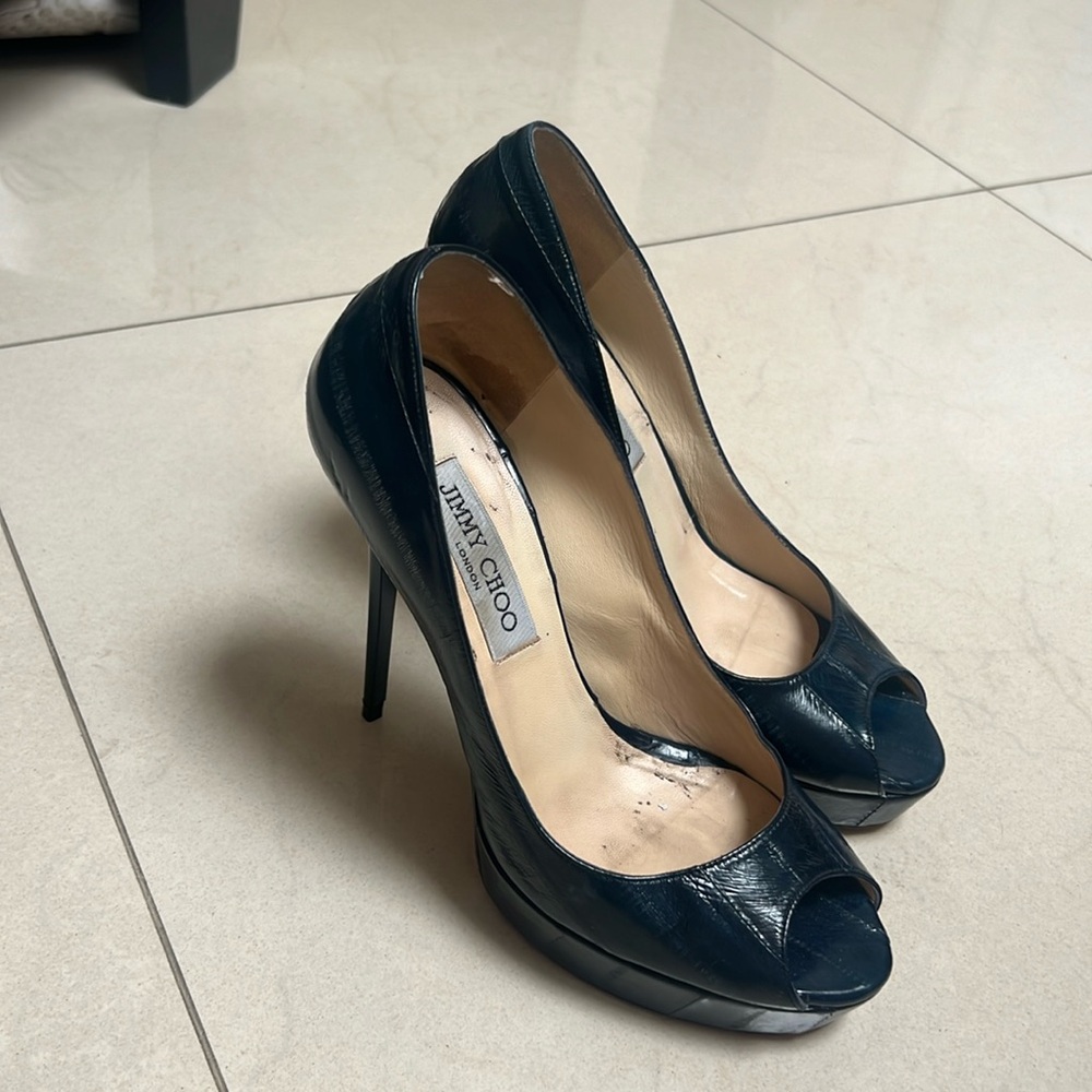 JIMMY CHOO Navy eel skin platform heels